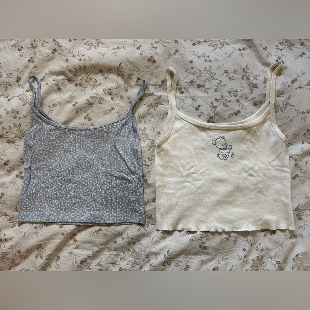 Brandy Melville Blue Floral Print and Cream Bear Print Camisole Package